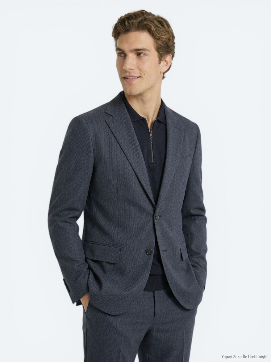 İndigo Desenli Modern Fit Takım Elbise - 4