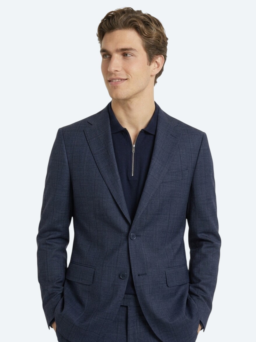 İndigo Çizgili Modern Fit Yün Karışımlı Takım Elbise - 3