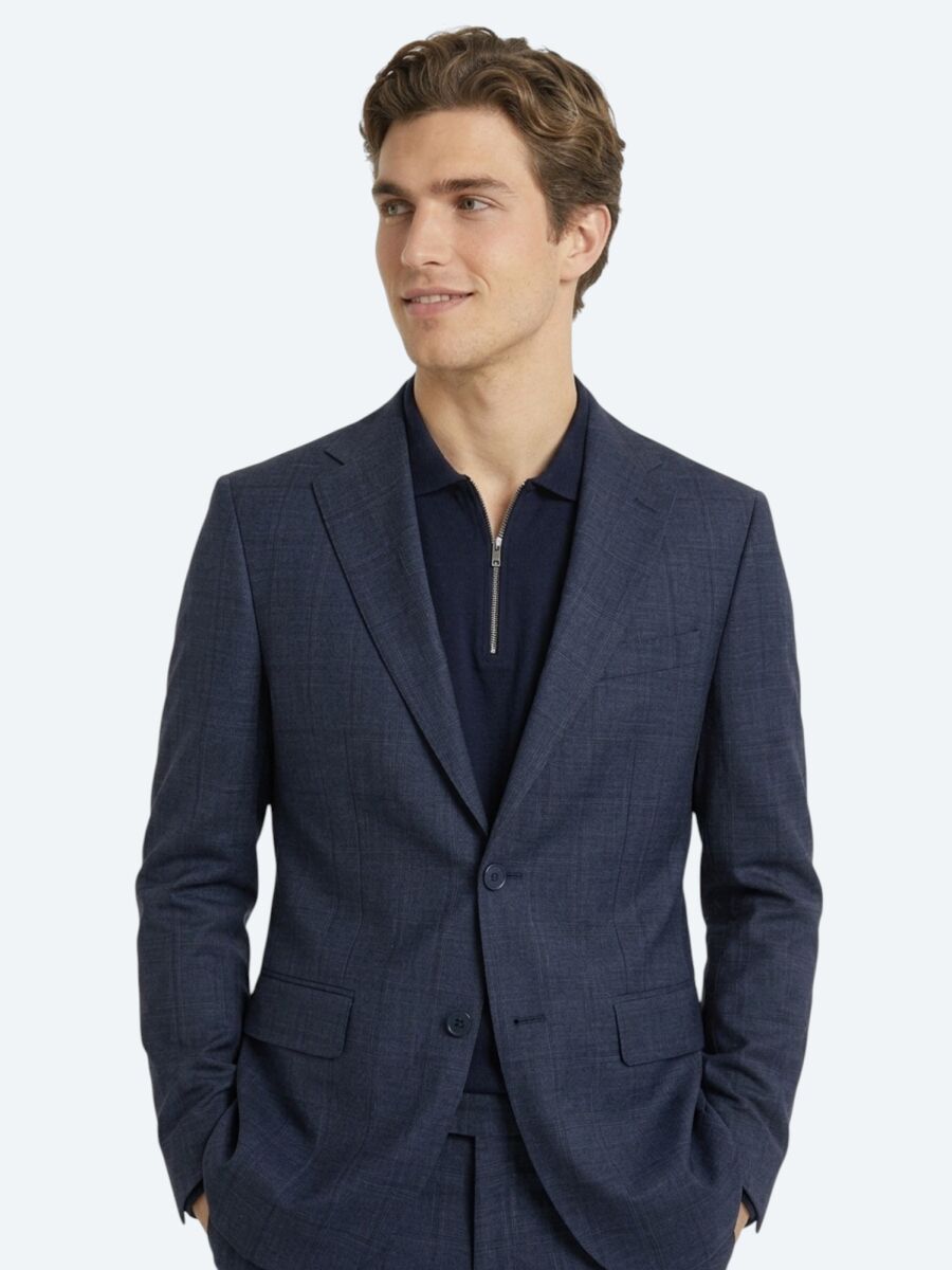 İndigo Çizgili Modern Fit Yün Karışımlı Takım Elbise - 3