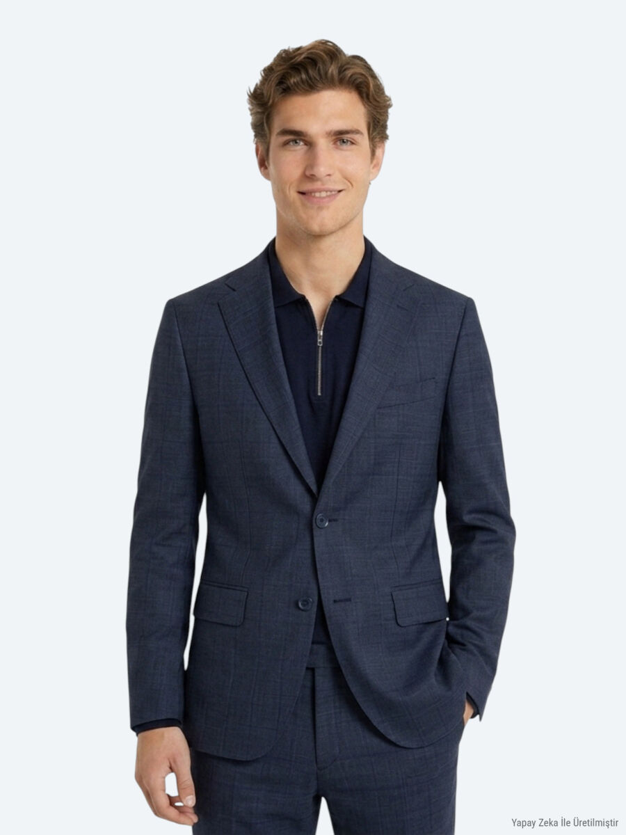 İndigo Çizgili Modern Fit Yün Karışımlı Takım Elbise - 1