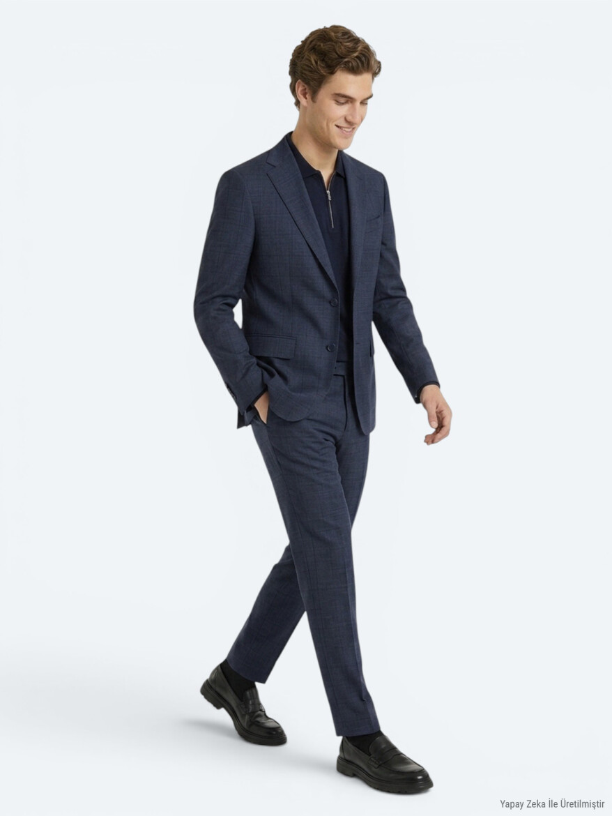 İndigo Çizgili Modern Fit Yün Karışımlı Takım Elbise - 2