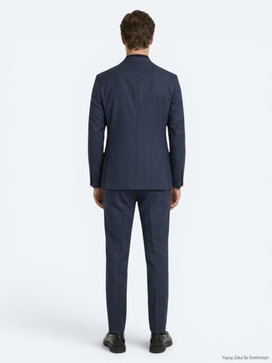 İndigo Çizgili Modern Fit Yün Karışımlı Takım Elbise - 4