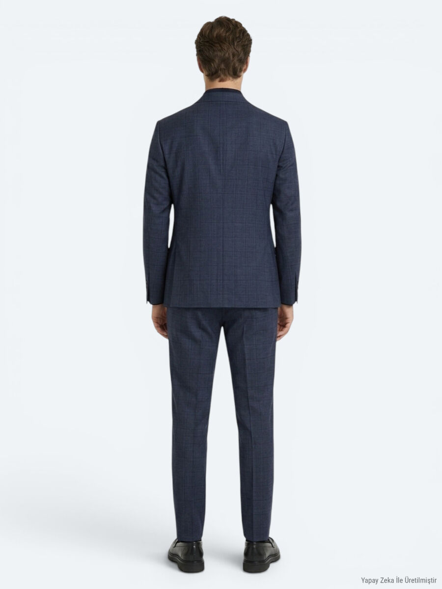 İndigo Çizgili Modern Fit Yün Karışımlı Takım Elbise - 4