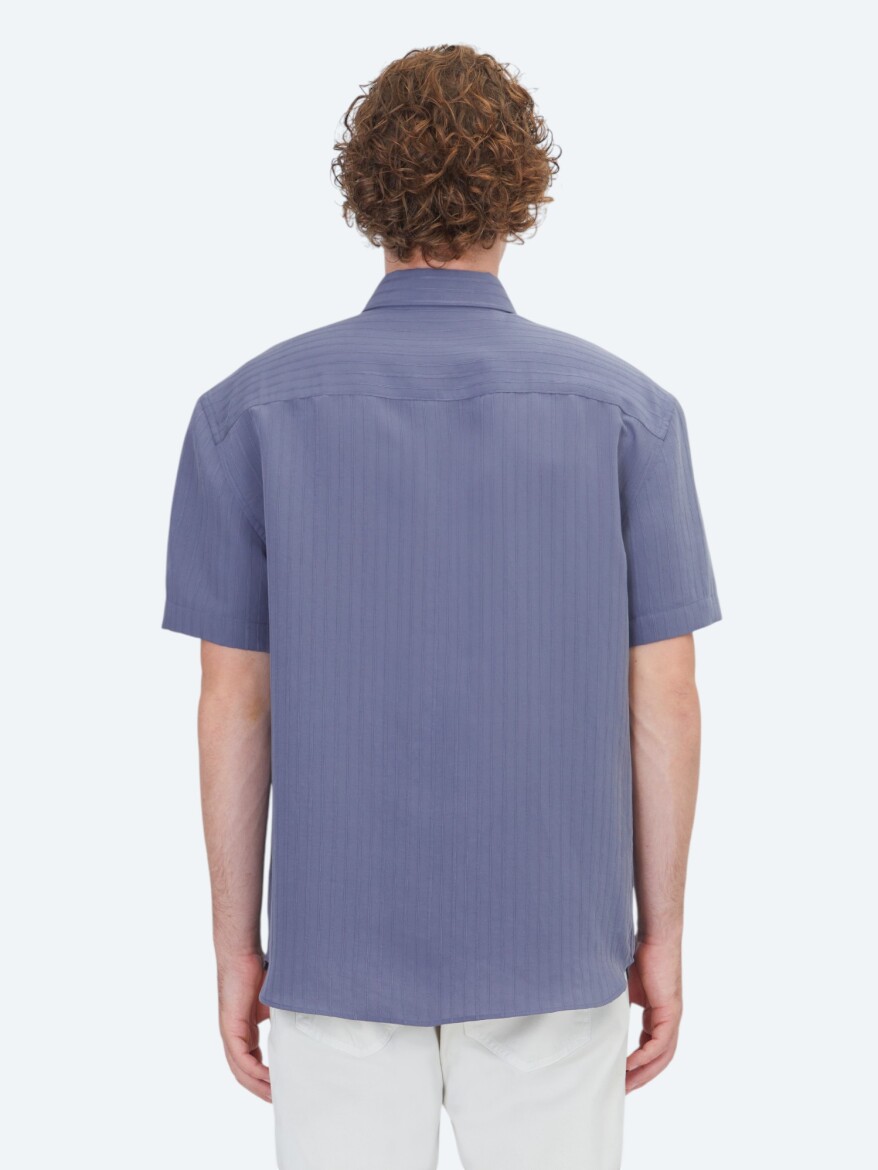 İndigo Çizgili Oversize Fit Kısa Dokuma Casual Gömlek - 5