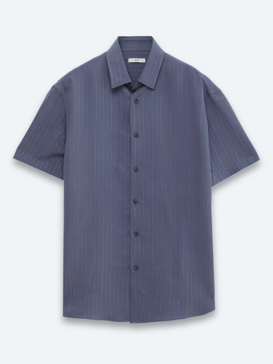 İndigo Çizgili Oversize Fit Kısa Dokuma Casual Gömlek - 6