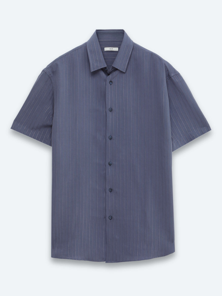 İndigo Çizgili Oversize Fit Kısa Dokuma Casual Gömlek - 6
