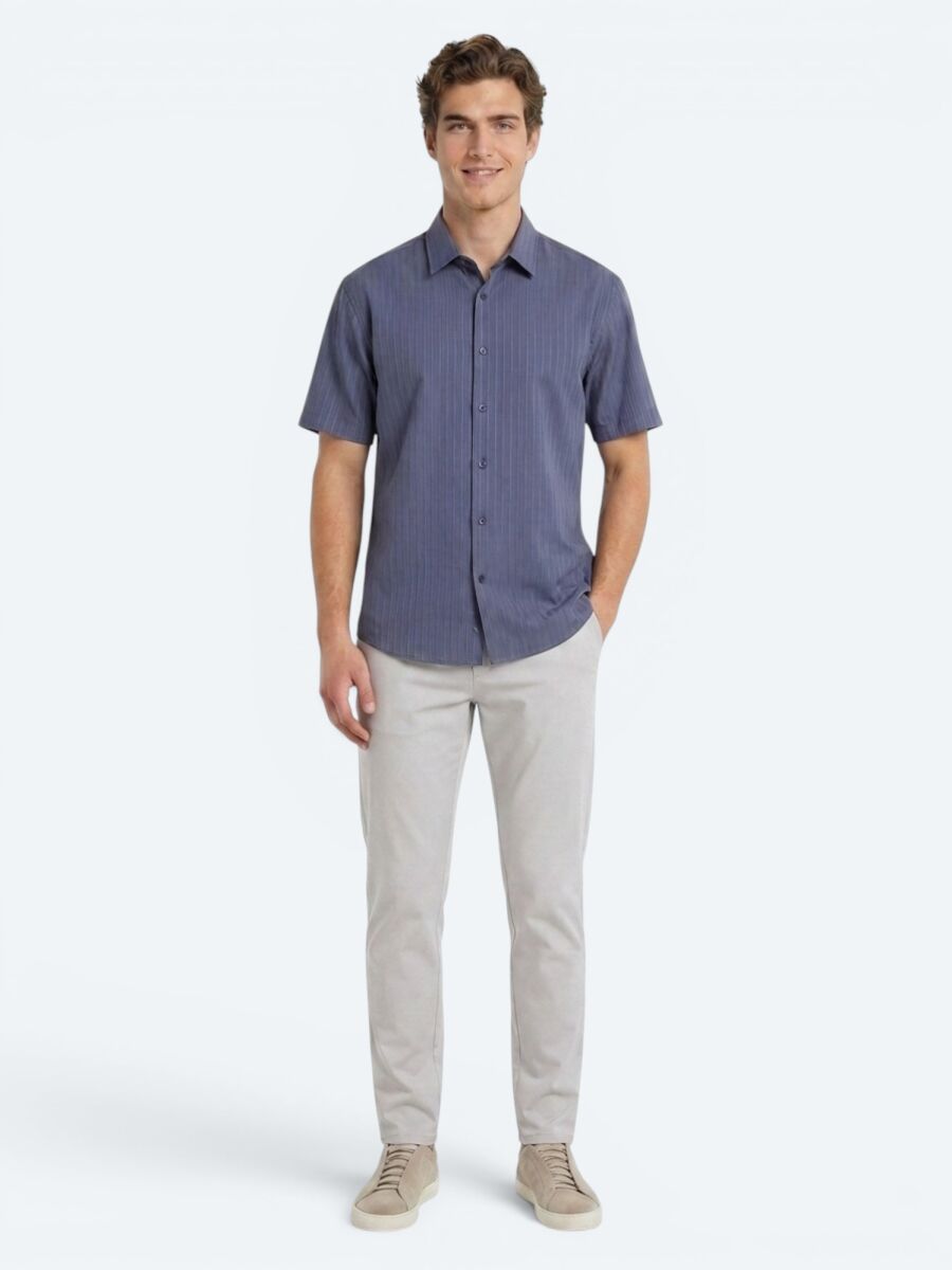 İndigo Çizgili Oversize Fit Kısa Dokuma Casual Gömlek - 2