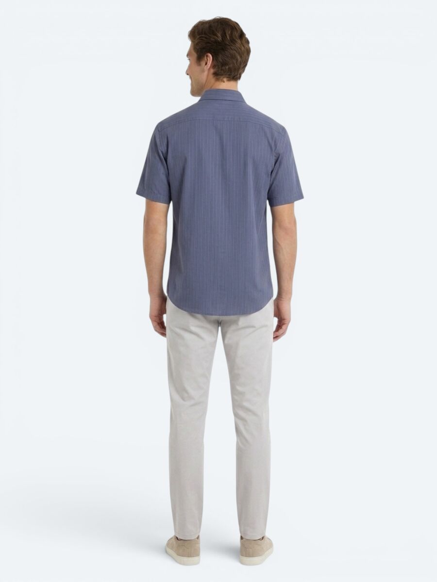 İndigo Çizgili Oversize Fit Kısa Dokuma Casual Gömlek - 5