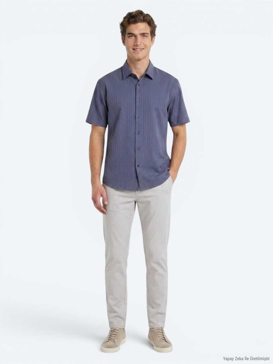 İndigo Çizgili Oversize Fit Kısa Dokuma Casual Gömlek - KİP
