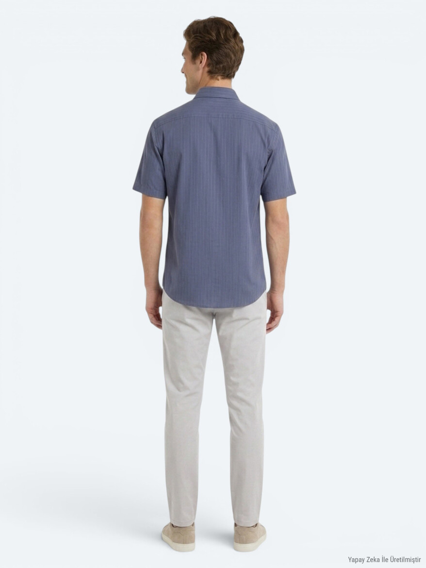 İndigo Çizgili Oversize Fit Kısa Dokuma Casual Gömlek - 5
