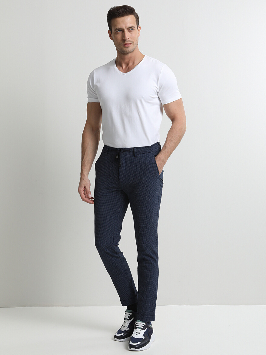 İndigo Desenli Dokuma Fitted Fit Smart Casual Pantolon - 1