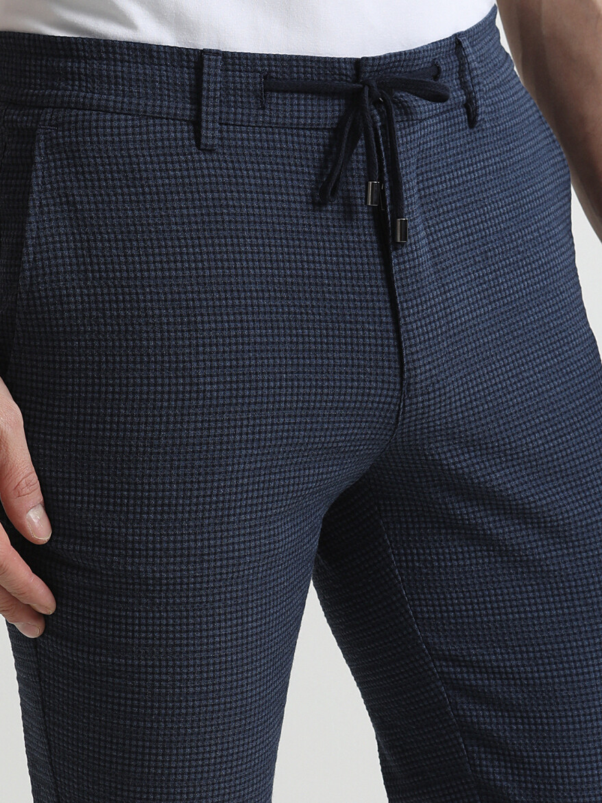İndigo Desenli Dokuma Fitted Fit Smart Casual Pantolon - 2