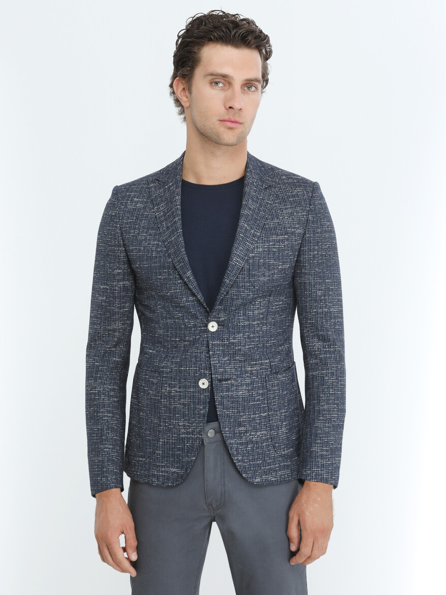 İndigo Desenli Modern Fit Pamuk Karışımlı Ceket - 1