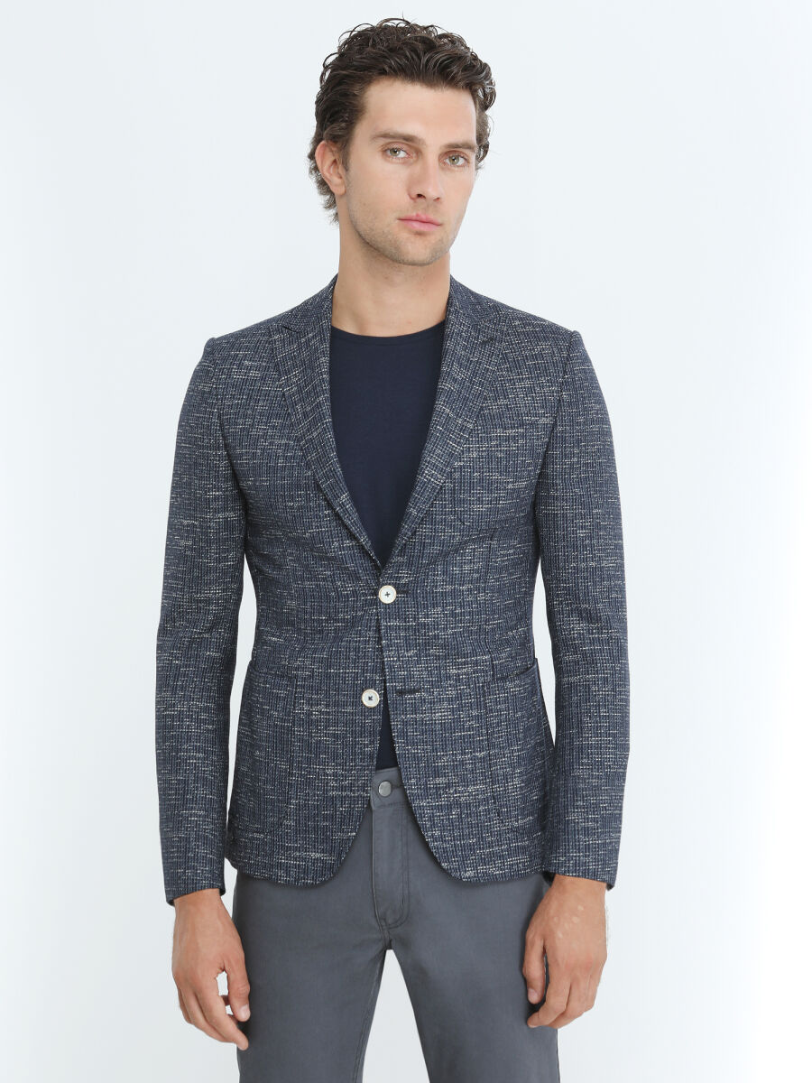 İndigo Desenli Modern Fit Pamuk Karışımlı Ceket - 1