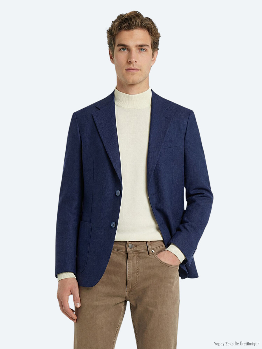 İndigo Desenli Modern Fit Yün Karışımlı Ceket - KİP