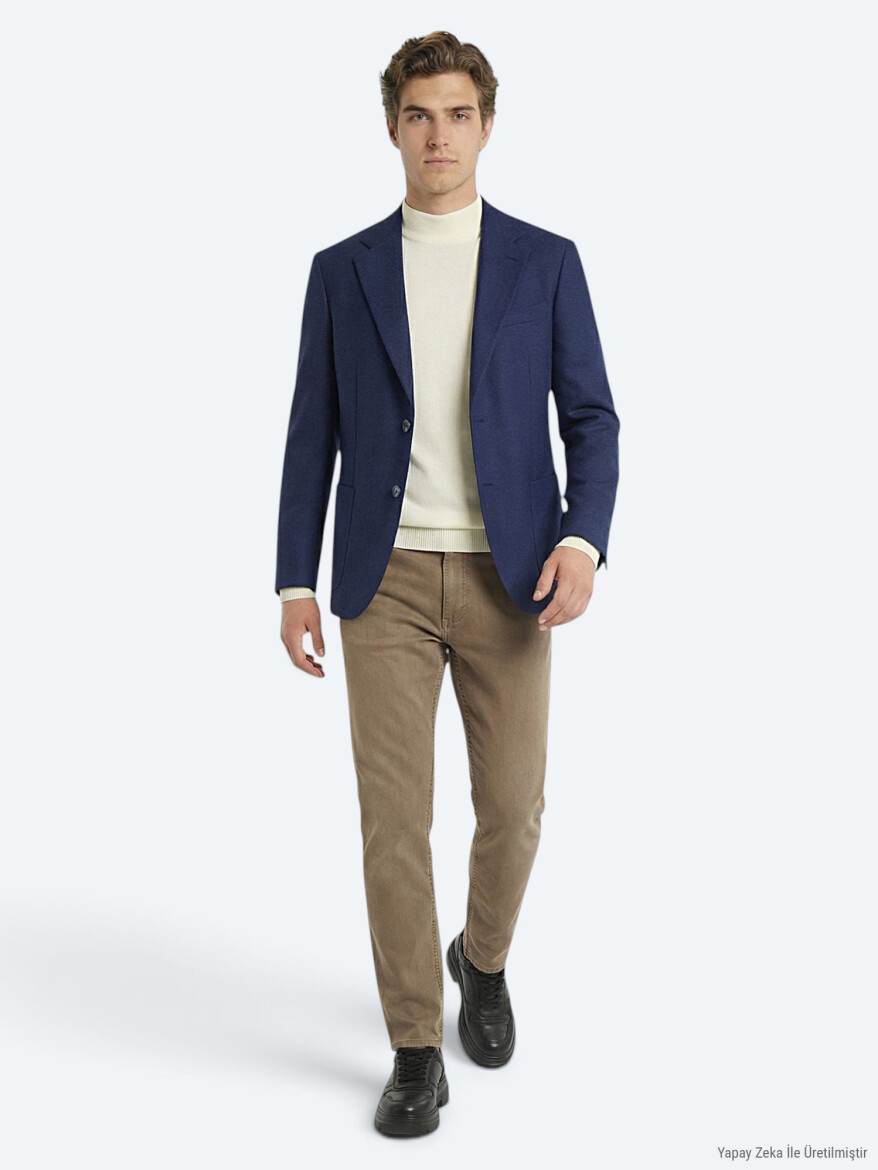 İndigo Desenli Modern Fit Yün Karışımlı Ceket - KİP