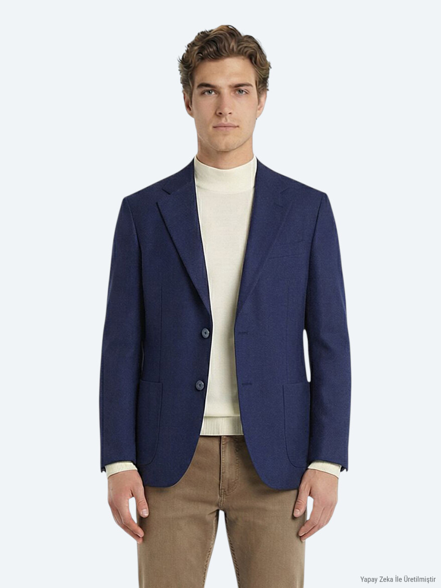İndigo Desenli Modern Fit Yün Karışımlı Ceket - 3