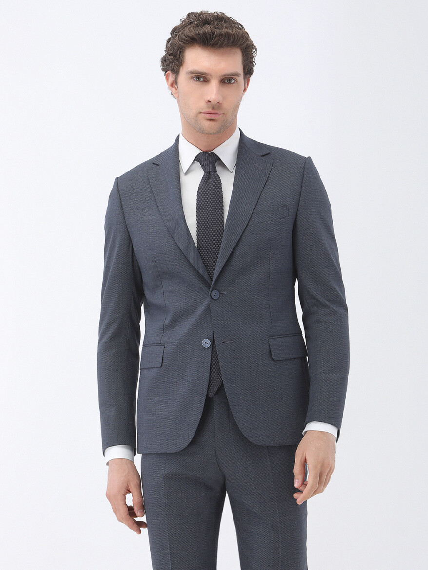 İndigo Desenli Modern Fit Yün Karışımlı Takım Elbise - 1
