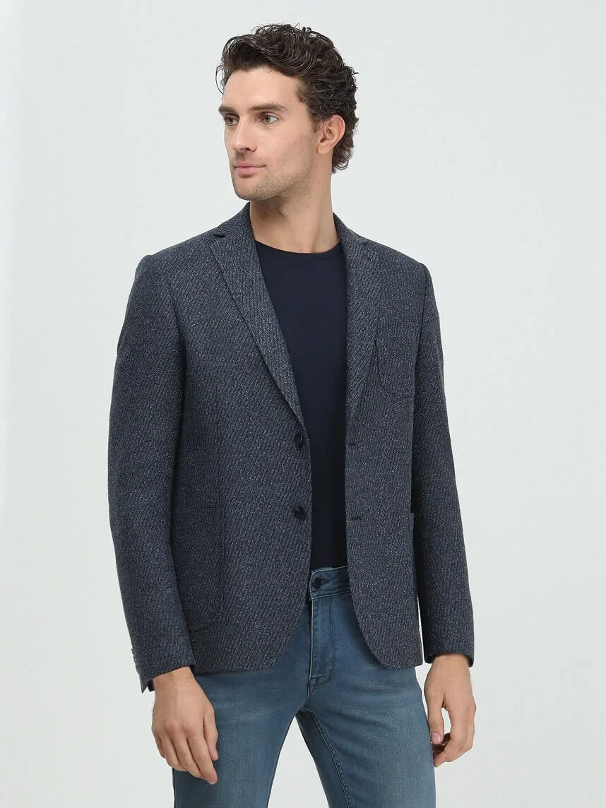 İndigo Desenli Regular Fit Pamuk Karışımlı Ceket - 4