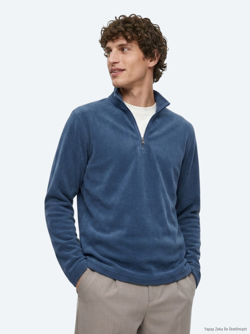 İndigo Dik Yaka Düz Polar Sweatshırt 