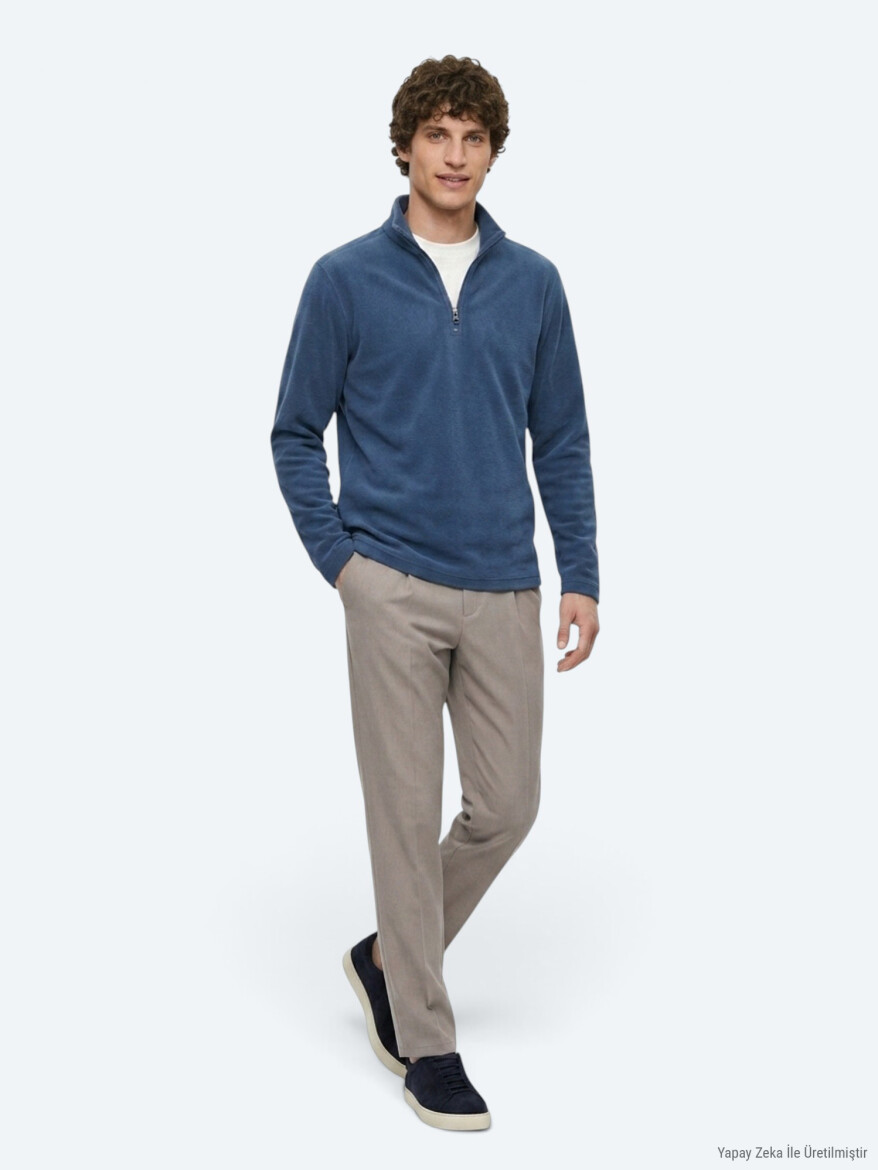 İndigo Dik Yaka Düz Polar Sweatshırt - KİP
