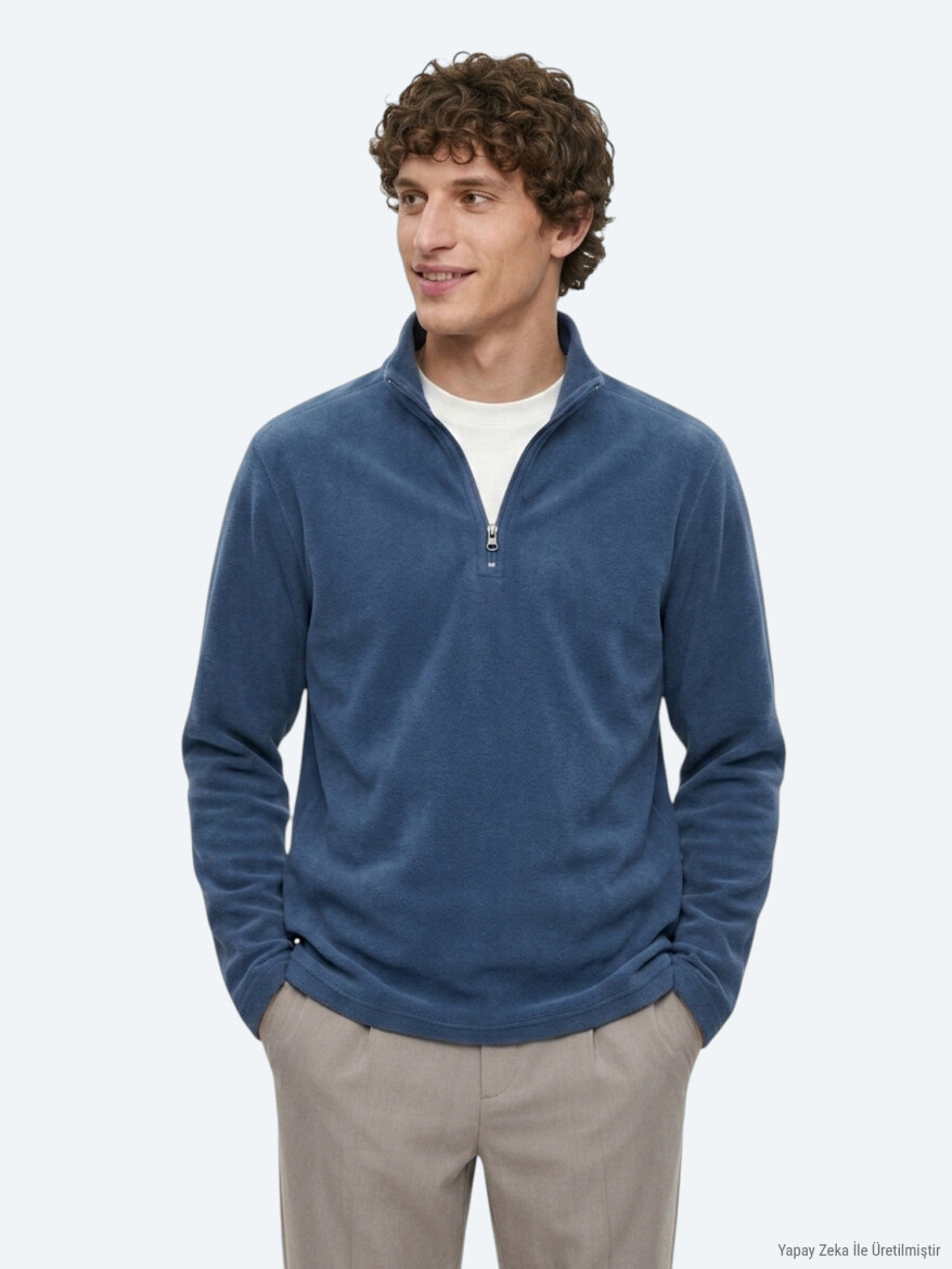 İndigo Dik Yaka Düz Polar Sweatshırt - 4