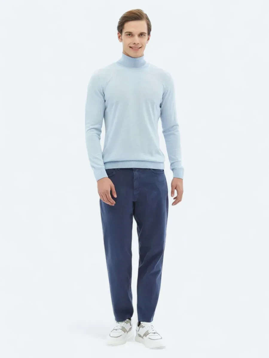 İndigo Dokuma Carrot Fit Casual Pamuk Karışımlı Pantolon - 1