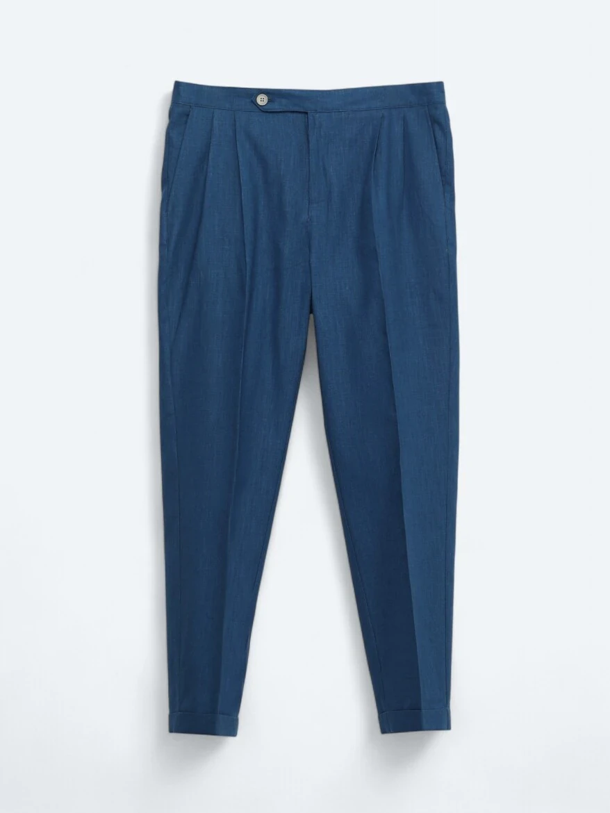 İndigo Dokuma Carrot Fit Casual Pamuk Karışımlı Pantolon 