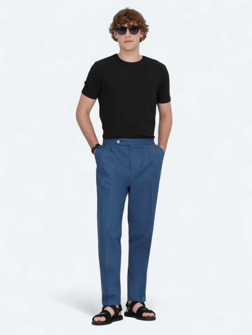 İndigo Dokuma Carrot Fit Casual Pamuk Karışımlı Pantolon - KİP