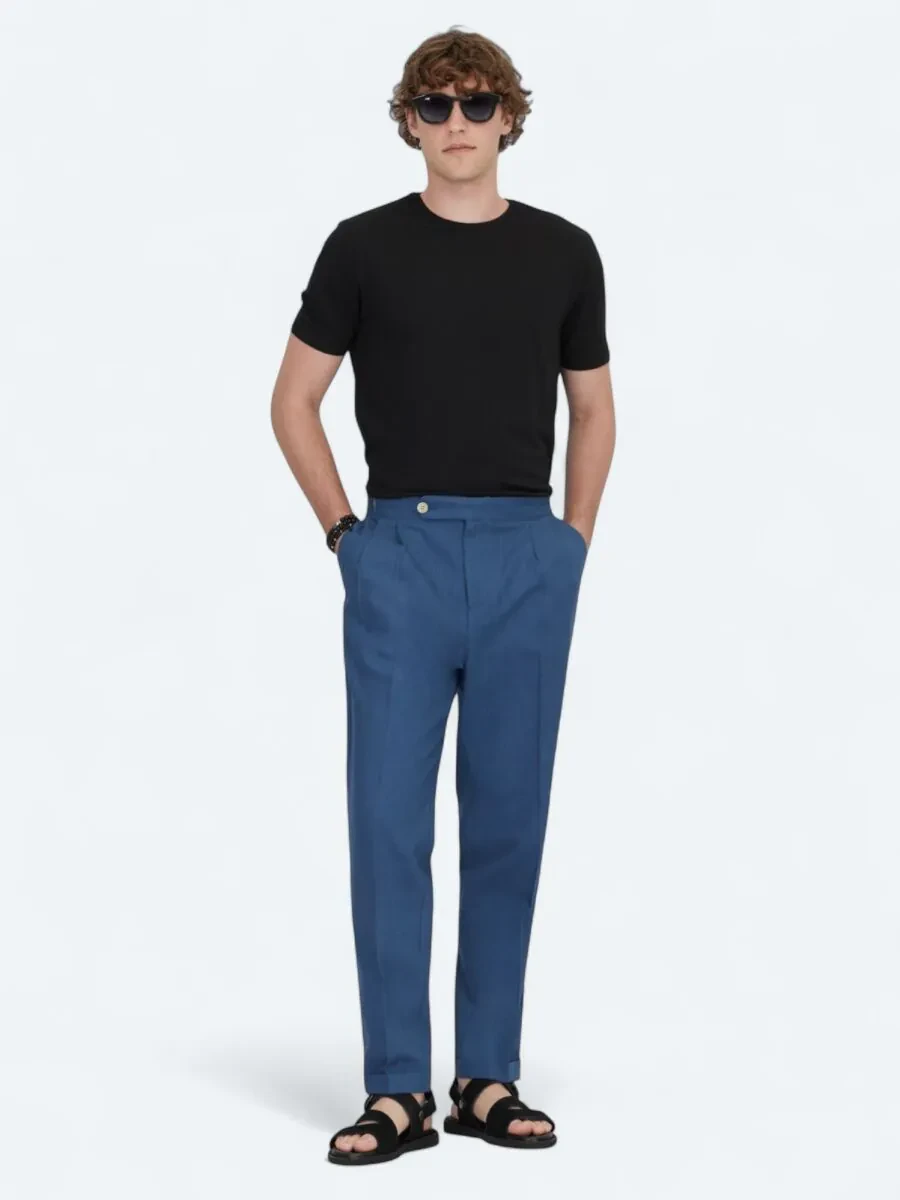 İndigo Dokuma Carrot Fit Casual Pamuk Karışımlı Pantolon - 1