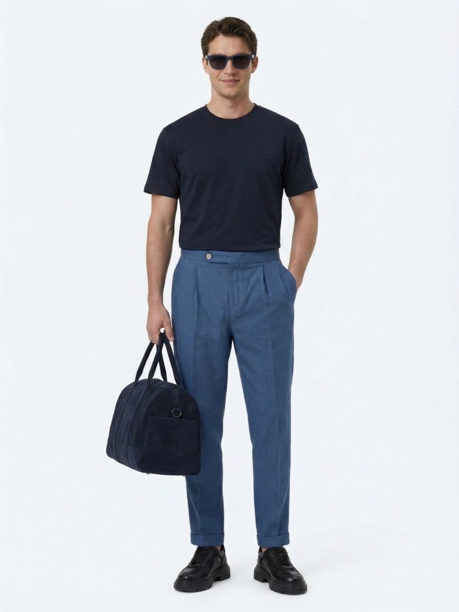 İndigo Dokuma Carrot Fit Casual Pamuk Karışımlı Pantolon - 3