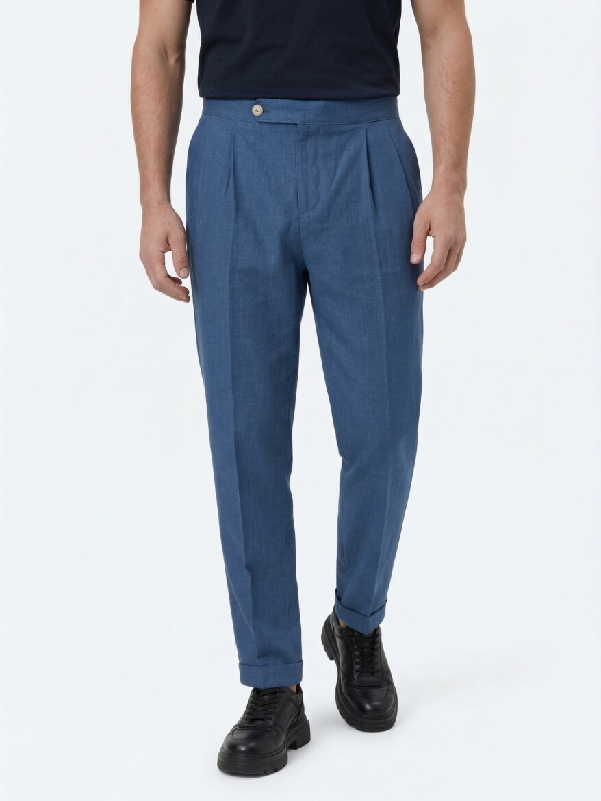 İndigo Dokuma Carrot Fit Casual Pamuk Karışımlı Pantolon - 5