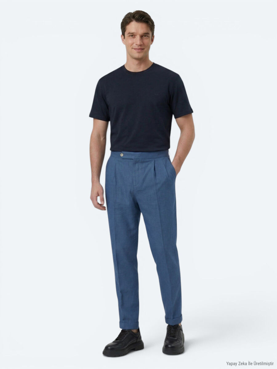 İndigo Dokuma Carrot Fit Casual Pamuk Karışımlı Pantolon - 2