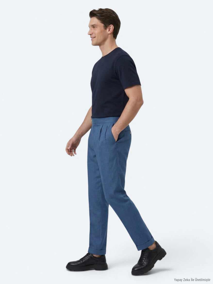 İndigo Dokuma Carrot Fit Casual Pamuk Karışımlı Pantolon - 4