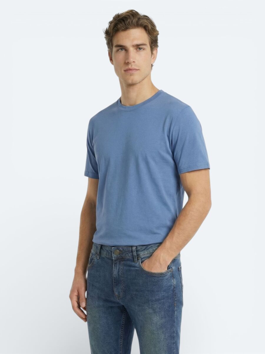 İndigo Düz %100 Pamuk T-Shirt - 1
