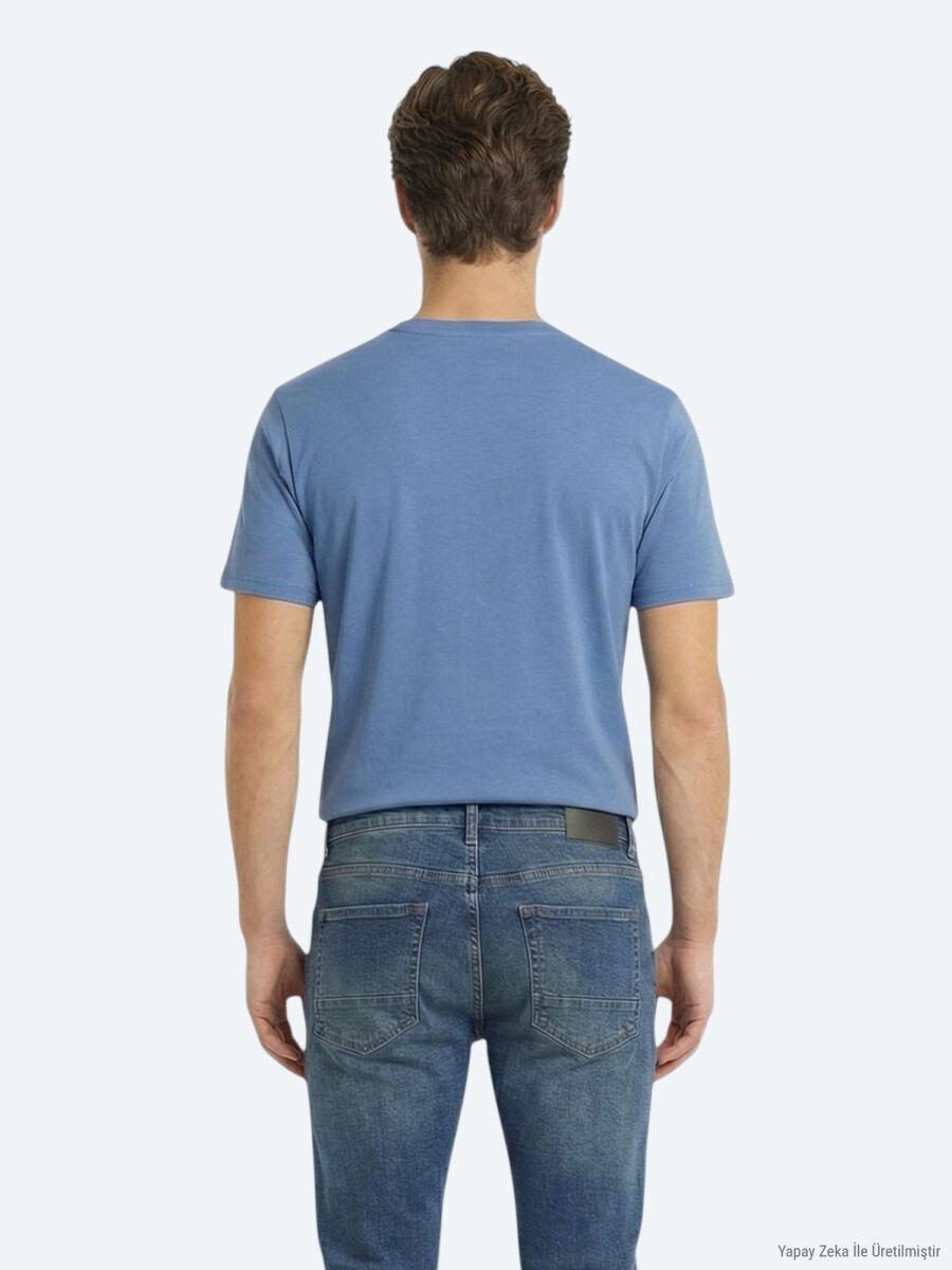 İndigo Düz %100 Pamuk T-Shirt - 2