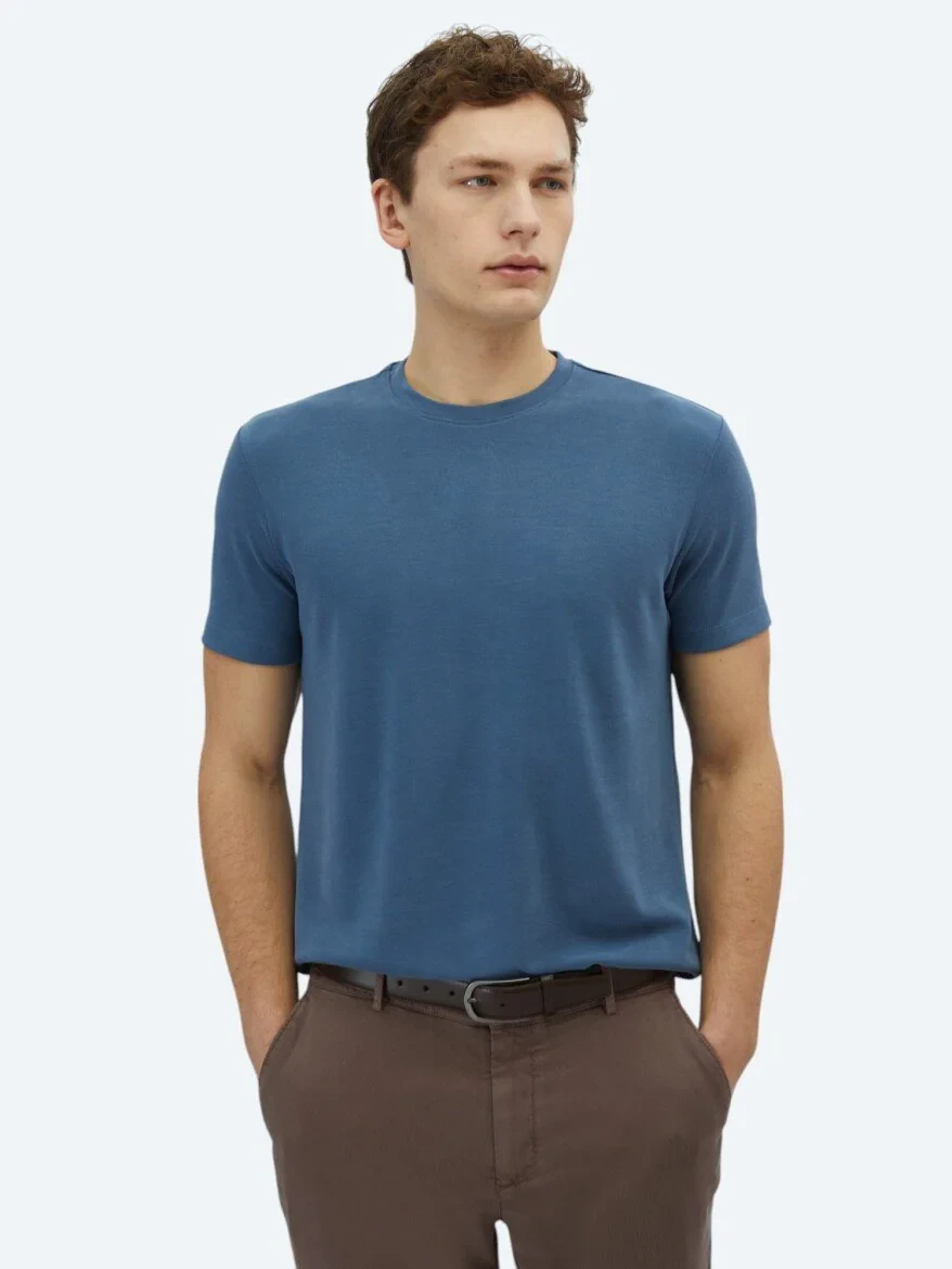 İndigo Düz Bisiklet Yaka T-Shirt - 1