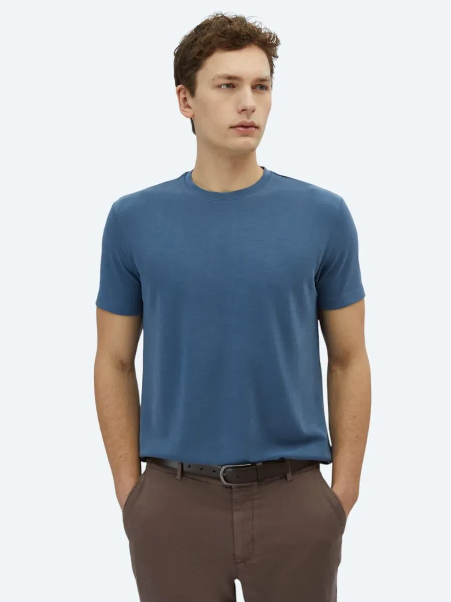 İndigo Düz Bisiklet Yaka T-Shirt - 1