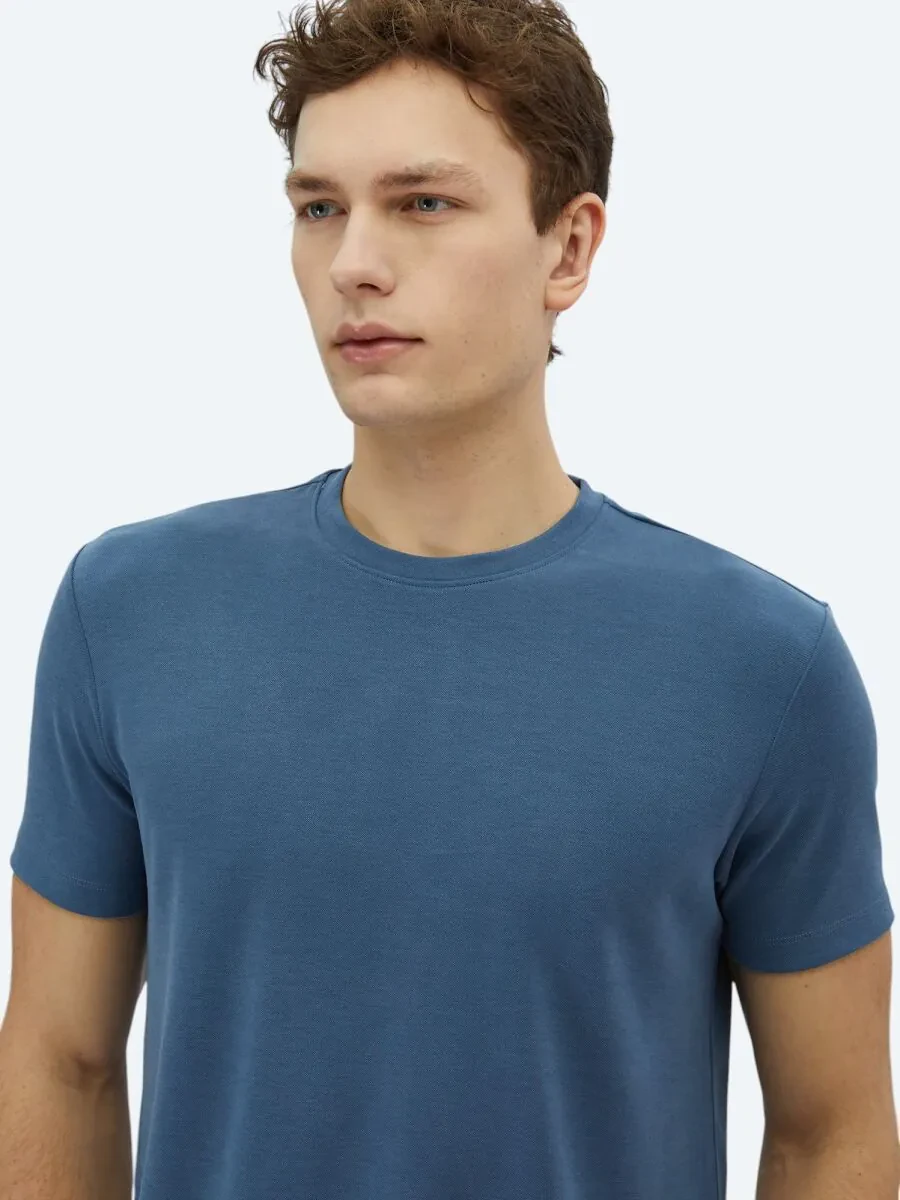 İndigo Düz Bisiklet Yaka T-Shirt - 3
