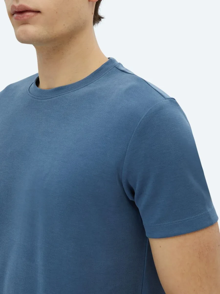 İndigo Düz Bisiklet Yaka T-Shirt - 4