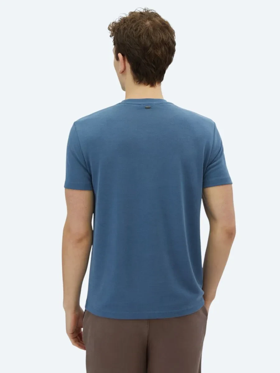 İndigo Düz Bisiklet Yaka T-Shirt - 5