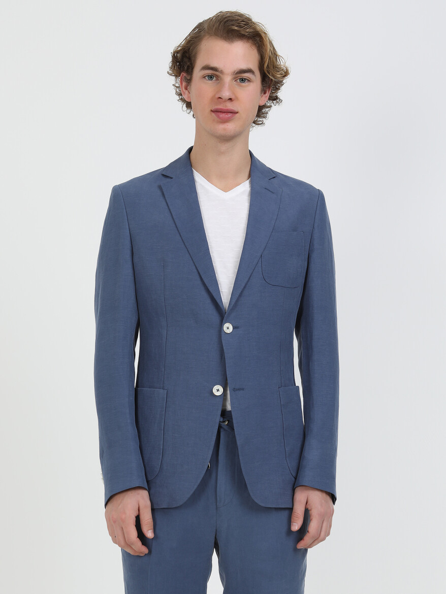 İndigo Düz Modern Fit Keten Karışımlı Takım Elbise - 1