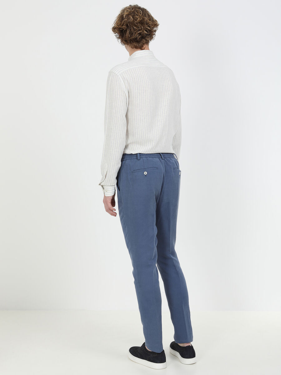 İndigo Düz Modern Fit Keten Karışımlı Takım Elbise - 4