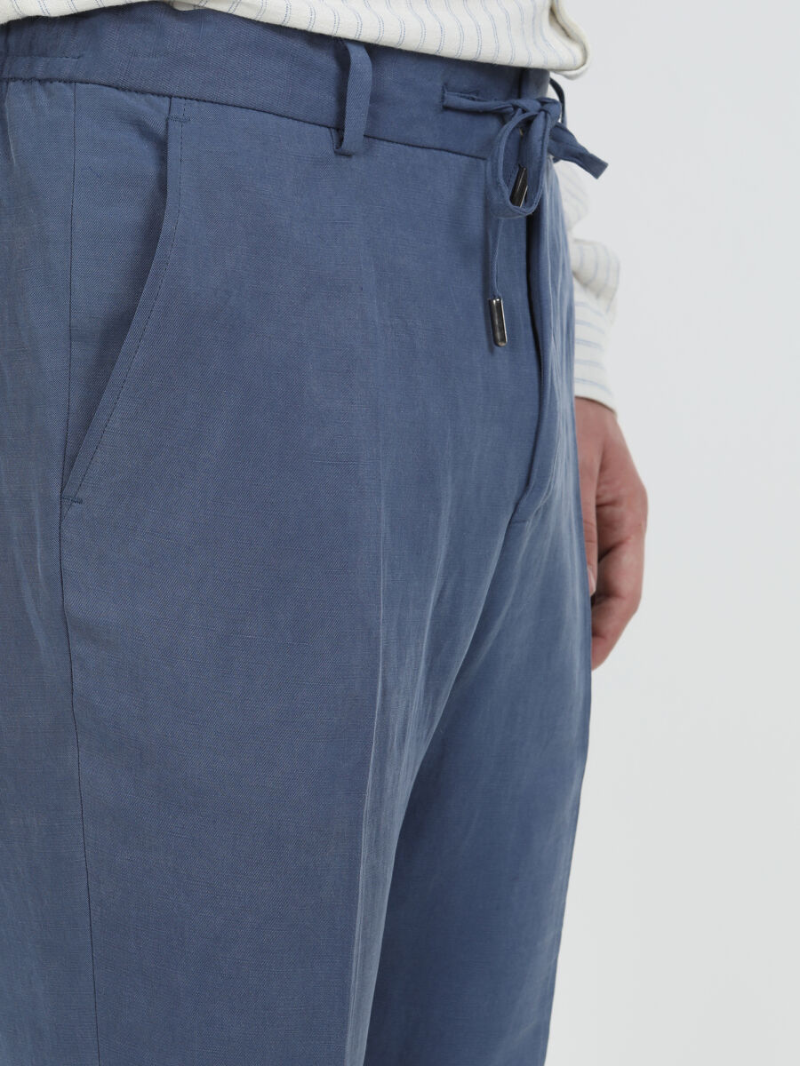 İndigo Düz Modern Fit Keten Karışımlı Takım Elbise - 7