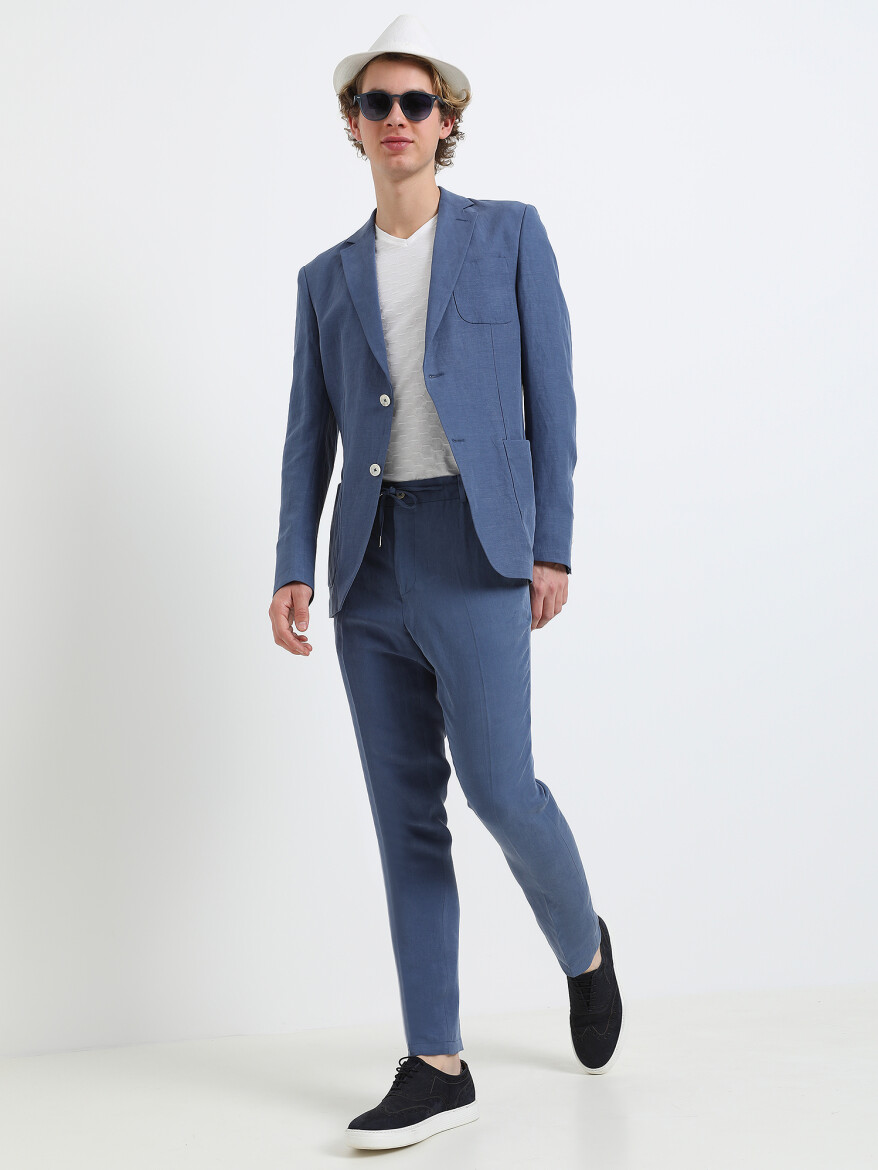İndigo Düz Modern Fit Keten Karışımlı Takım Elbise - 9