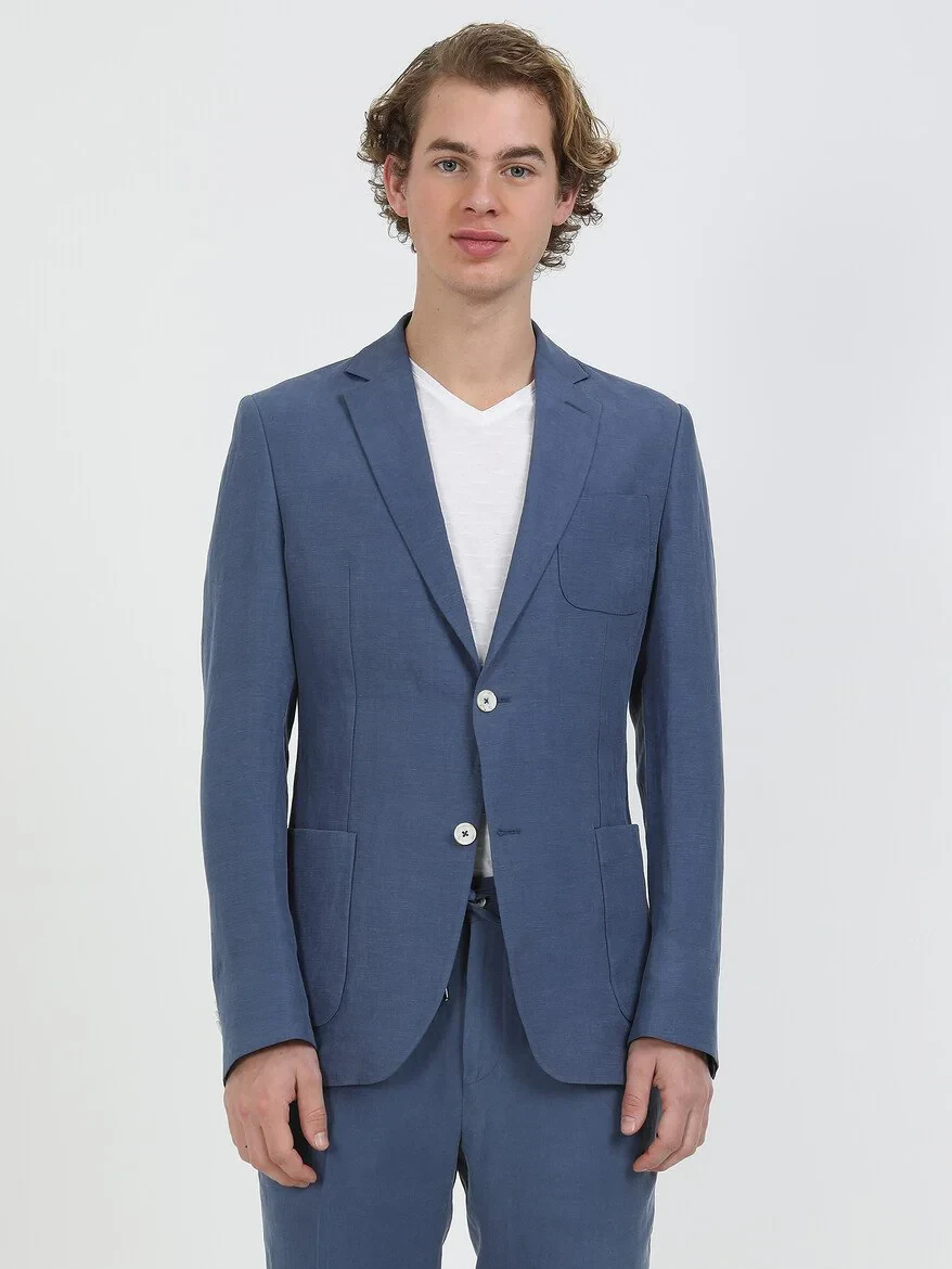 İndigo Düz Modern Fit Keten Karışımlı Takım Elbise - 1