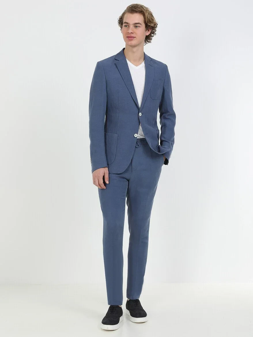 İndigo Düz Modern Fit Keten Karışımlı Takım Elbise - 3