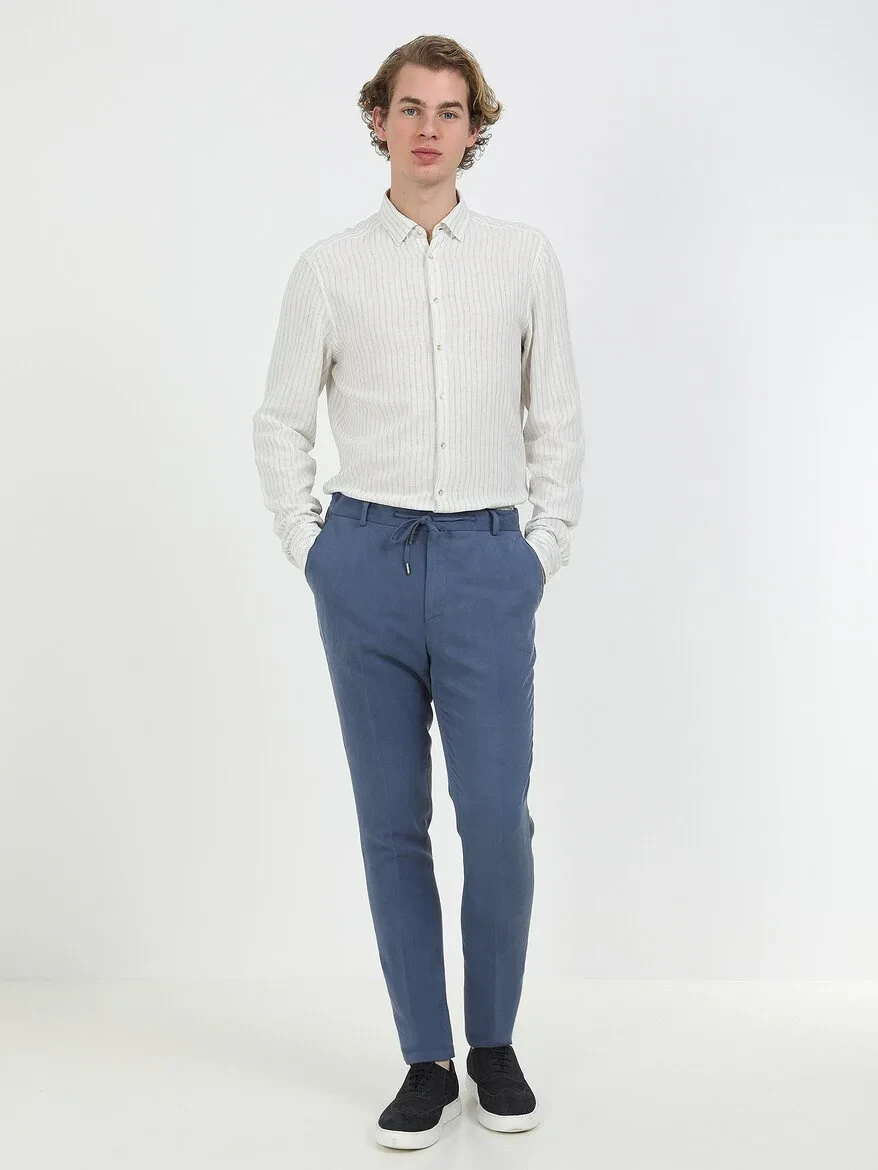 İndigo Düz Modern Fit Keten Karışımlı Takım Elbise - 6