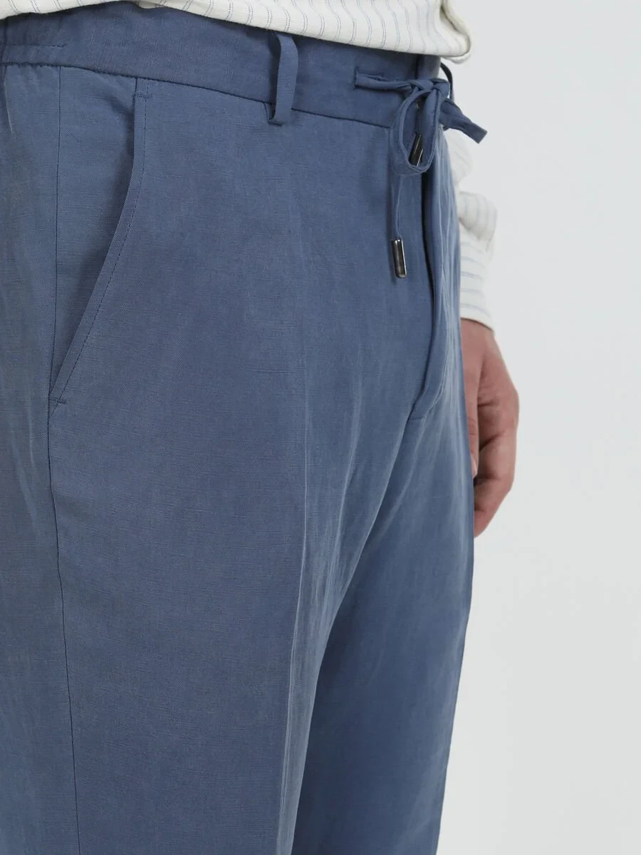 İndigo Düz Modern Fit Keten Karışımlı Takım Elbise - 7