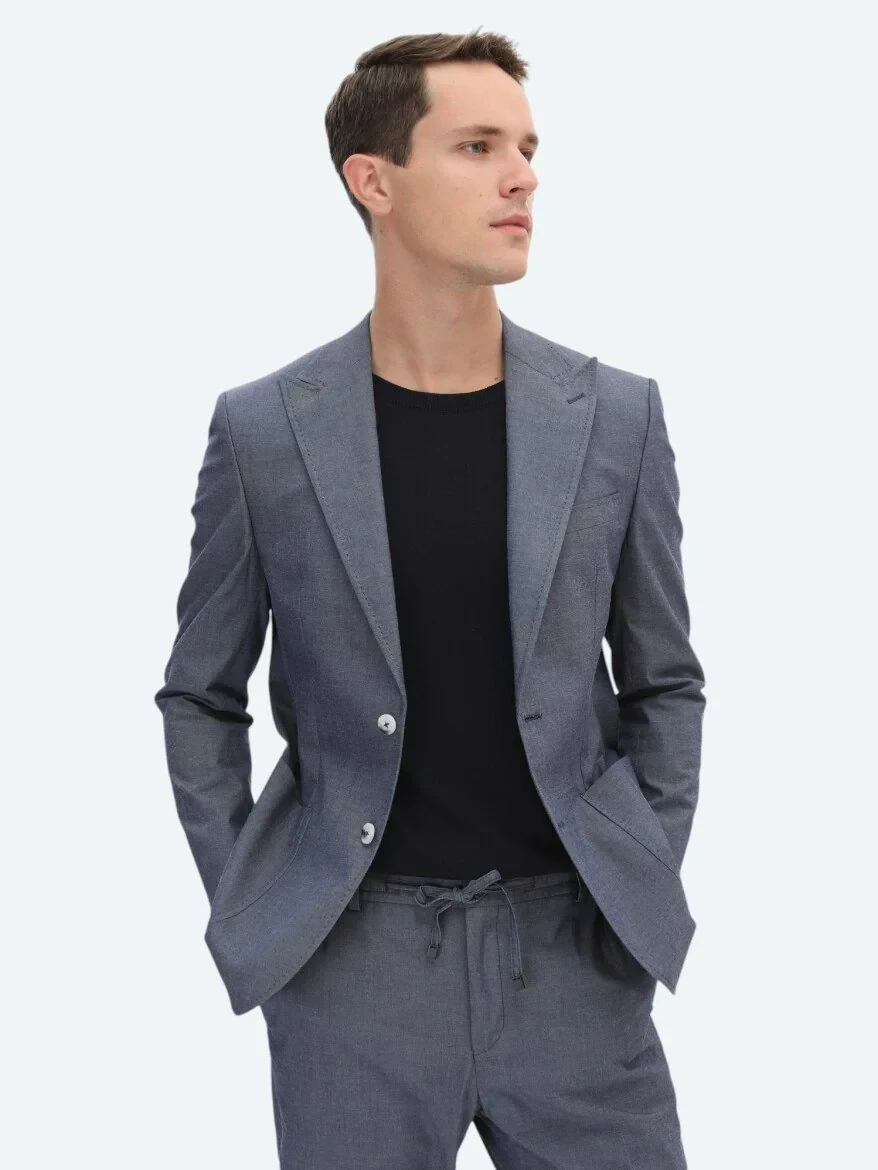 İndigo Düz Modern Fit Pamuk Karışımlı Takım Elbise - 3